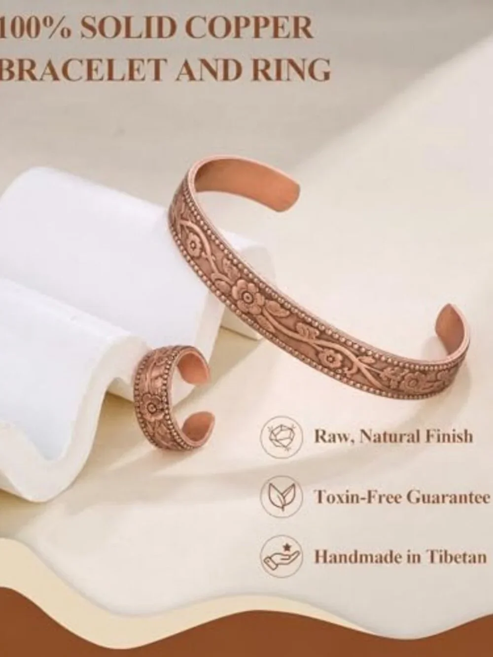 Handmade Solid Copper Bracelet & Ring Set - Uncoated Hammered Cuff for Men